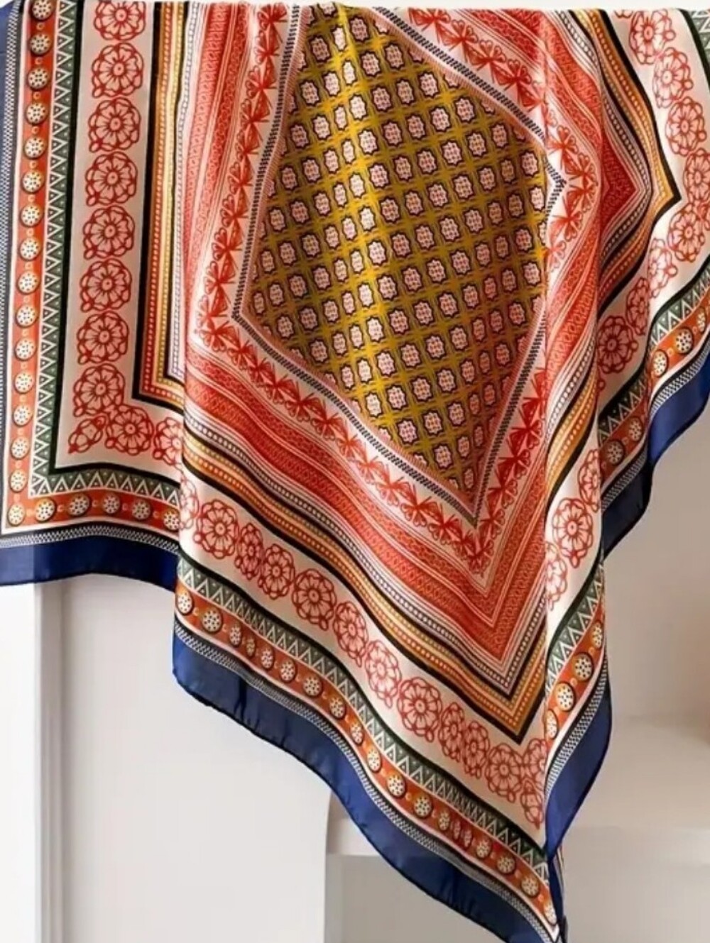 Silk-feel Navy, Orange Women Scarf Head Scarf , Neck Scarf - Picture 3 of 4